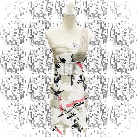 D. EXTERIOR | S | Abstract Italian Cotton Strapless One Shoulder Pink Grey Dress - Picture 12 of 12